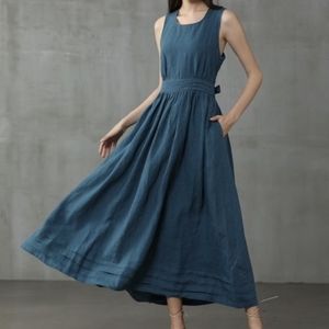Linennaive Vetiver 17 Cross Back Linen Dress in Steel Blue